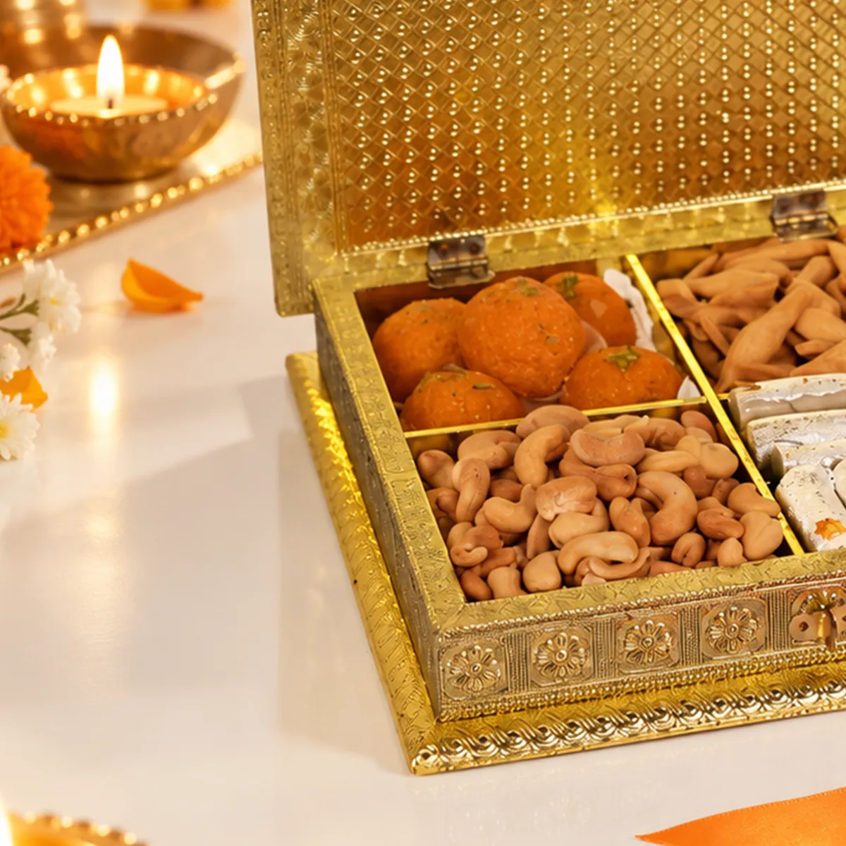 Close-up of luxury Diwali gift box featuring motichoor laddoos and roasted cashews in golden packaging.