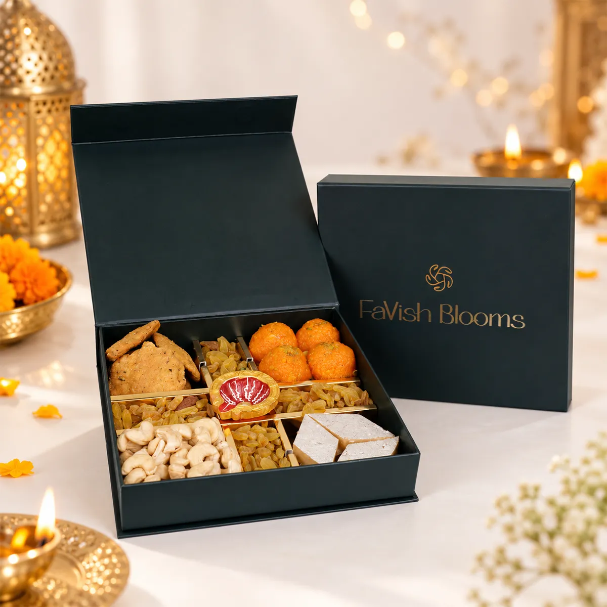 Luxury Diwali gift box with motichoor laddoos, kaju katli, cashews, raisins, and festive diya.
