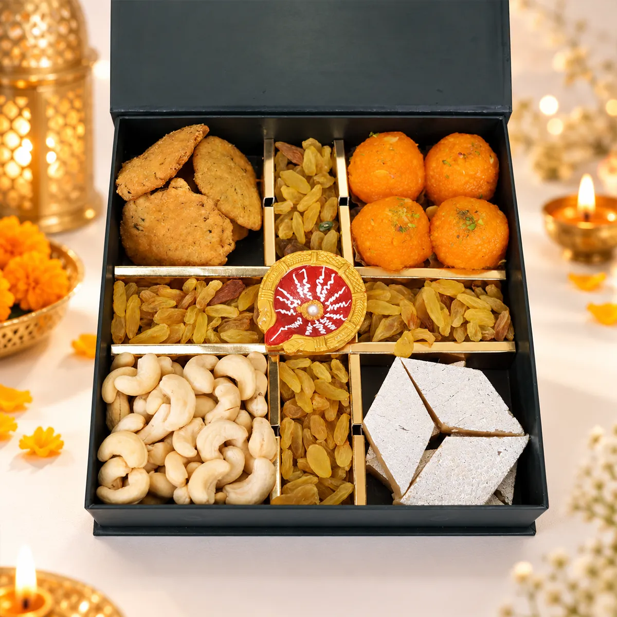 Top view of premium Diwali gift box featuring laddoos, kaju katli, cashews, raisins, and mathri.