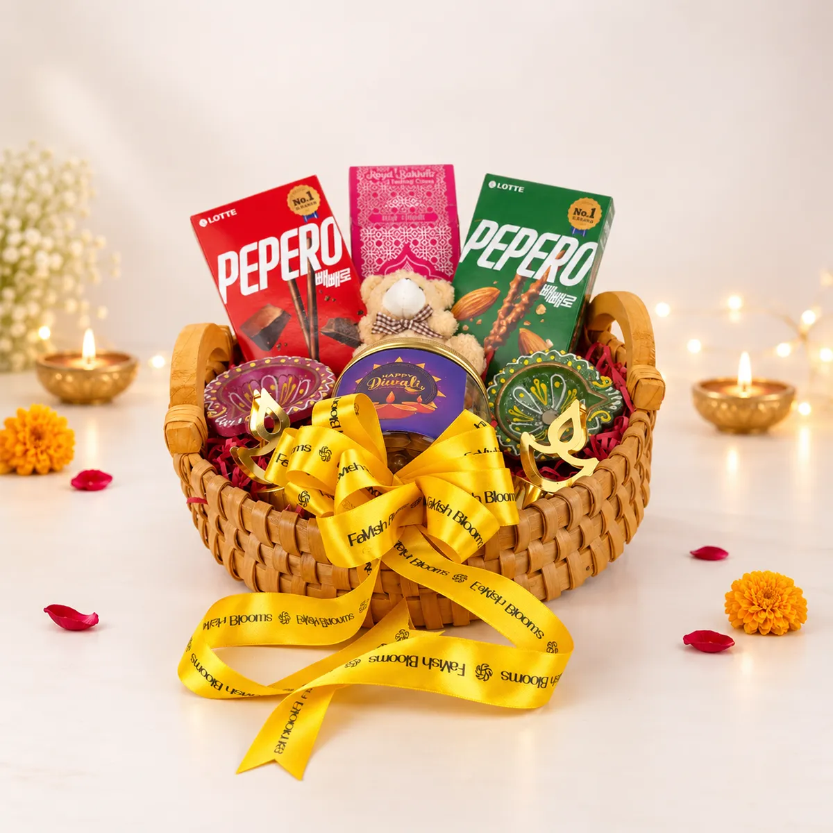 Premium Diwali chocolate gift basket with Pepero chocolates, teddy bear, festive diyas, and yellow ribbon.