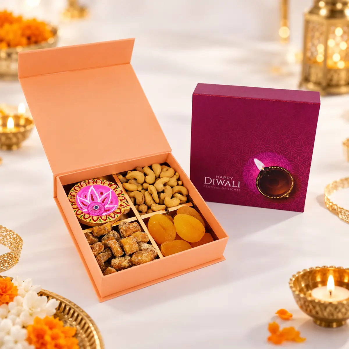 Premium Diwali dry fruits gift box featuring roasted cashews, dried apricots, traditional Indian sweets, and decorative diya in a peach four-compartment box.
