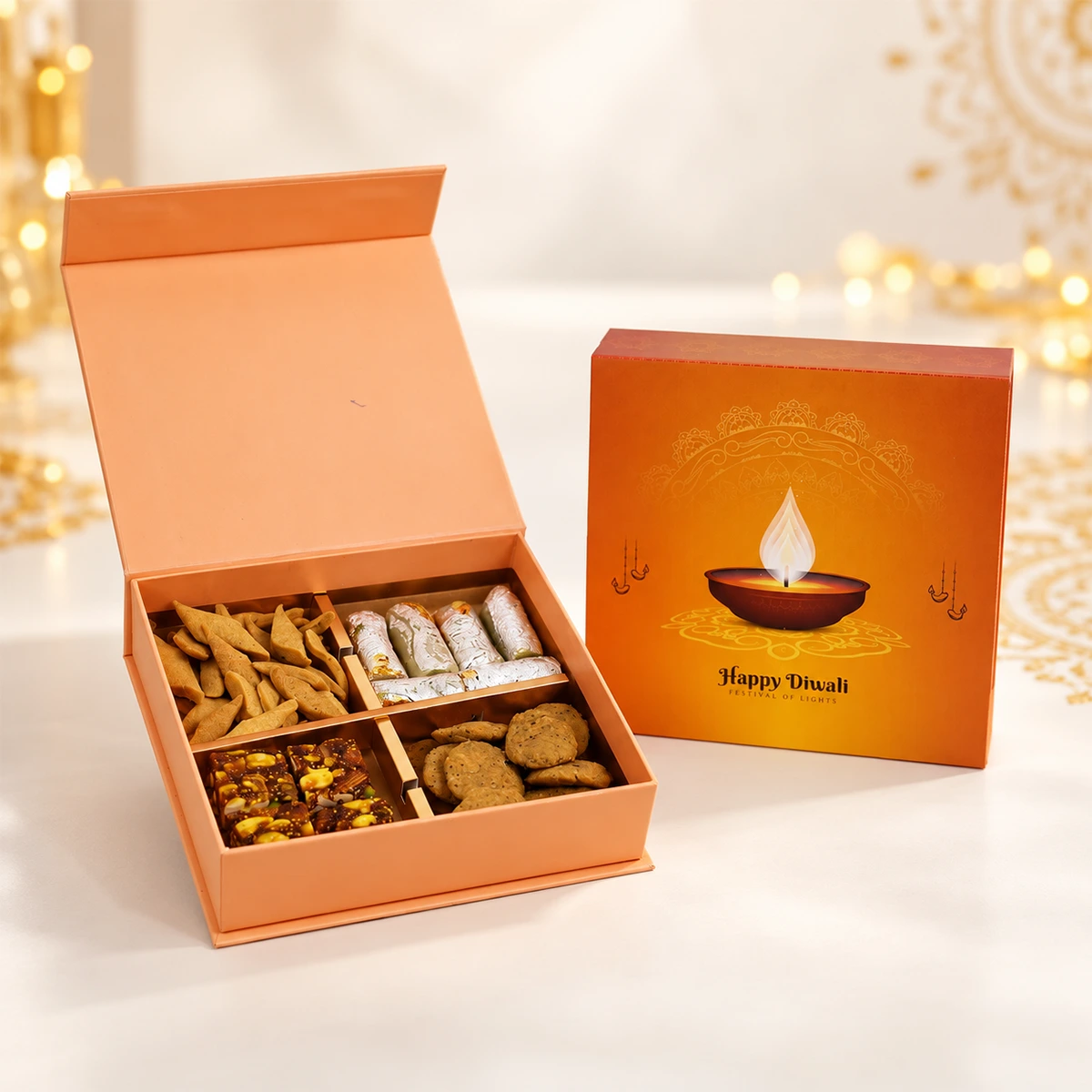 Premium Diwali gourmet gift box featuring assorted Indian sweets, savory snacks, nut treats, and biscuits in an elegant peach four-compartment box.