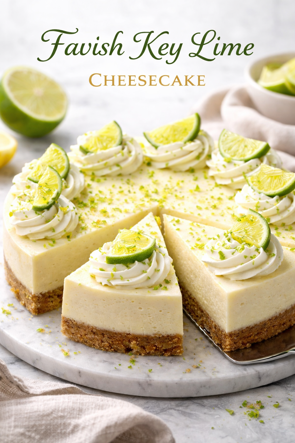 Favish key lime cheesecake topped with fresh lime slices and whipped cream on a marble base