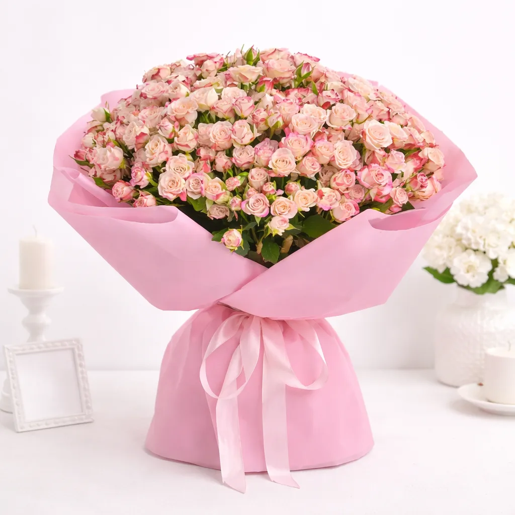 Large bouquet of soft pink spray roses wrapped in pink paper with a satin ribbon, displayed on a white table against a clean white background.