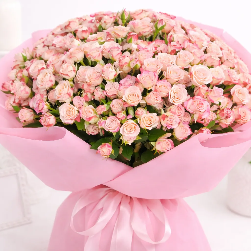 Close-up of a large bouquet of blush pink spray roses wrapped in soft pink paper with a satin ribbon, styled on a clean white background.
