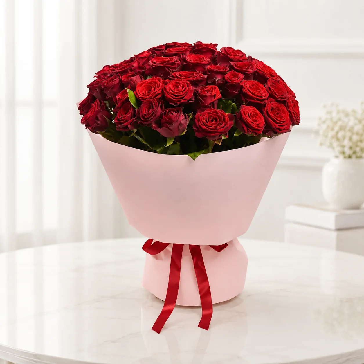 Luxury bouquet of fresh red roses wrapped in elegant white paper with a red ribbon, perfect for romantic gifts, anniversaries, and special occasions.