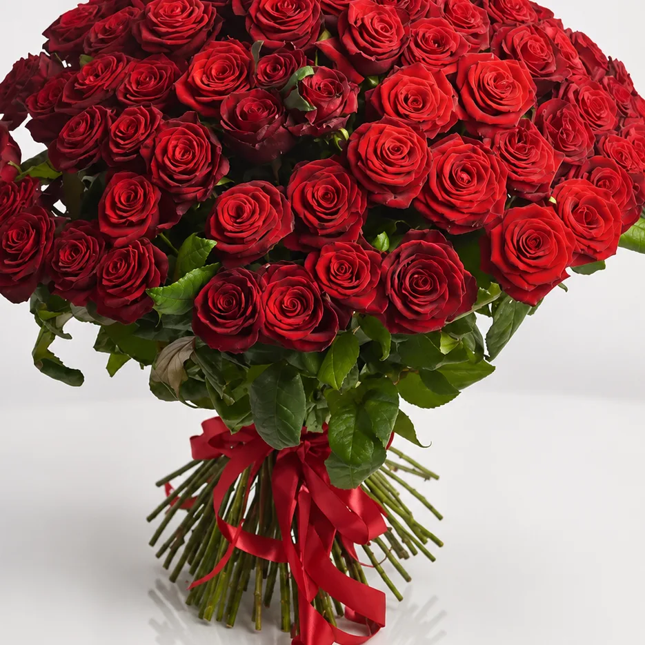 Premium 101 Red Rose Grand Prix Bouquet arranged with fresh red roses
