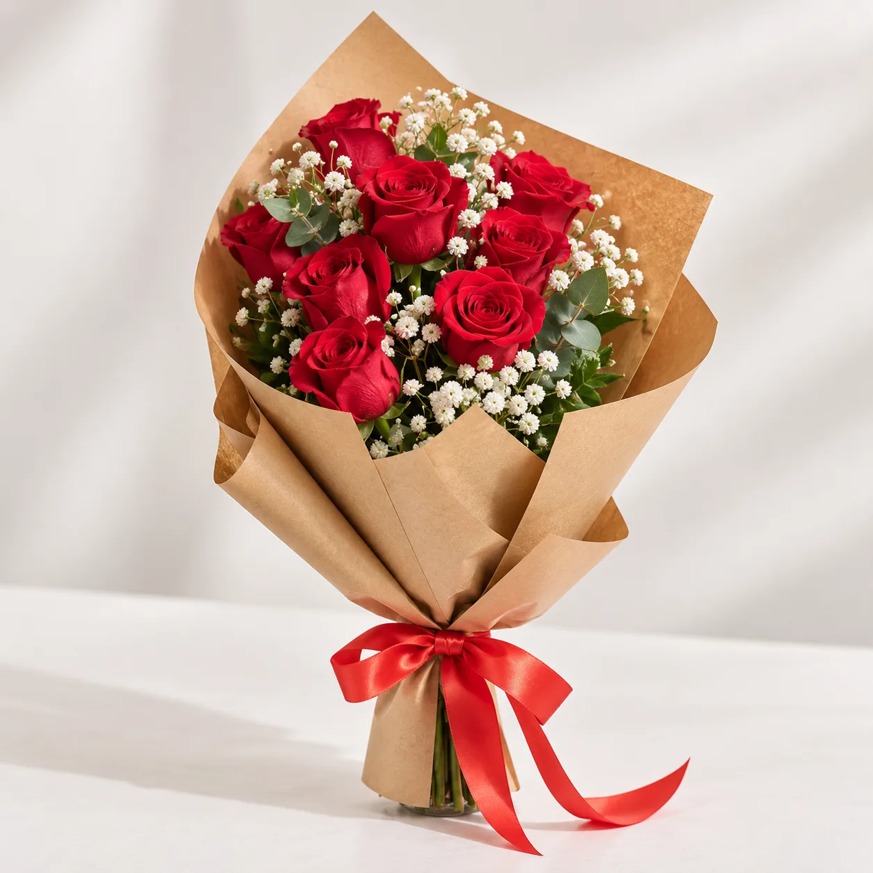 9 Red Roses Grand Prix and Gypsophila Bouquet