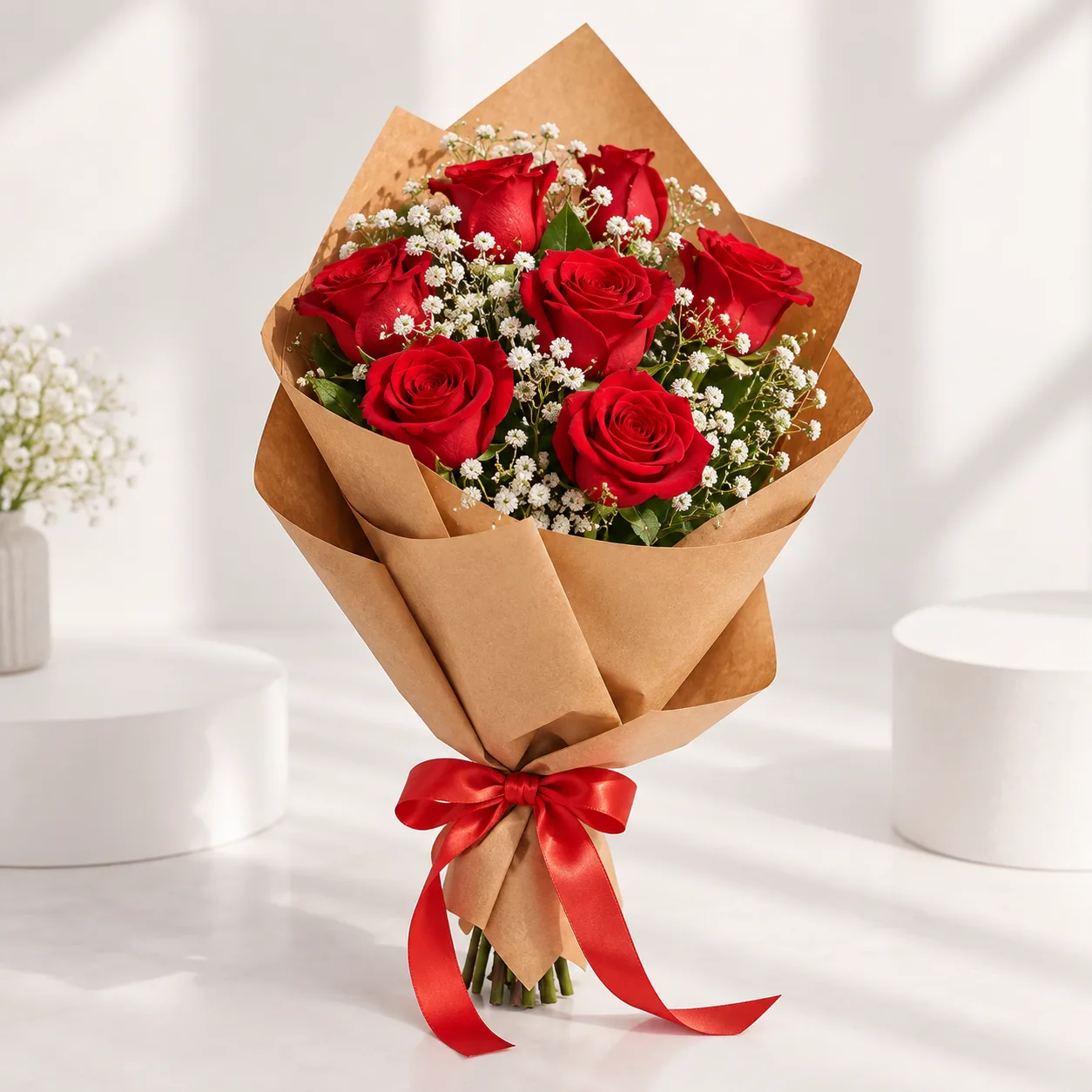 Elegant Grand Prix Red Roses with Gypsophila Bouquet