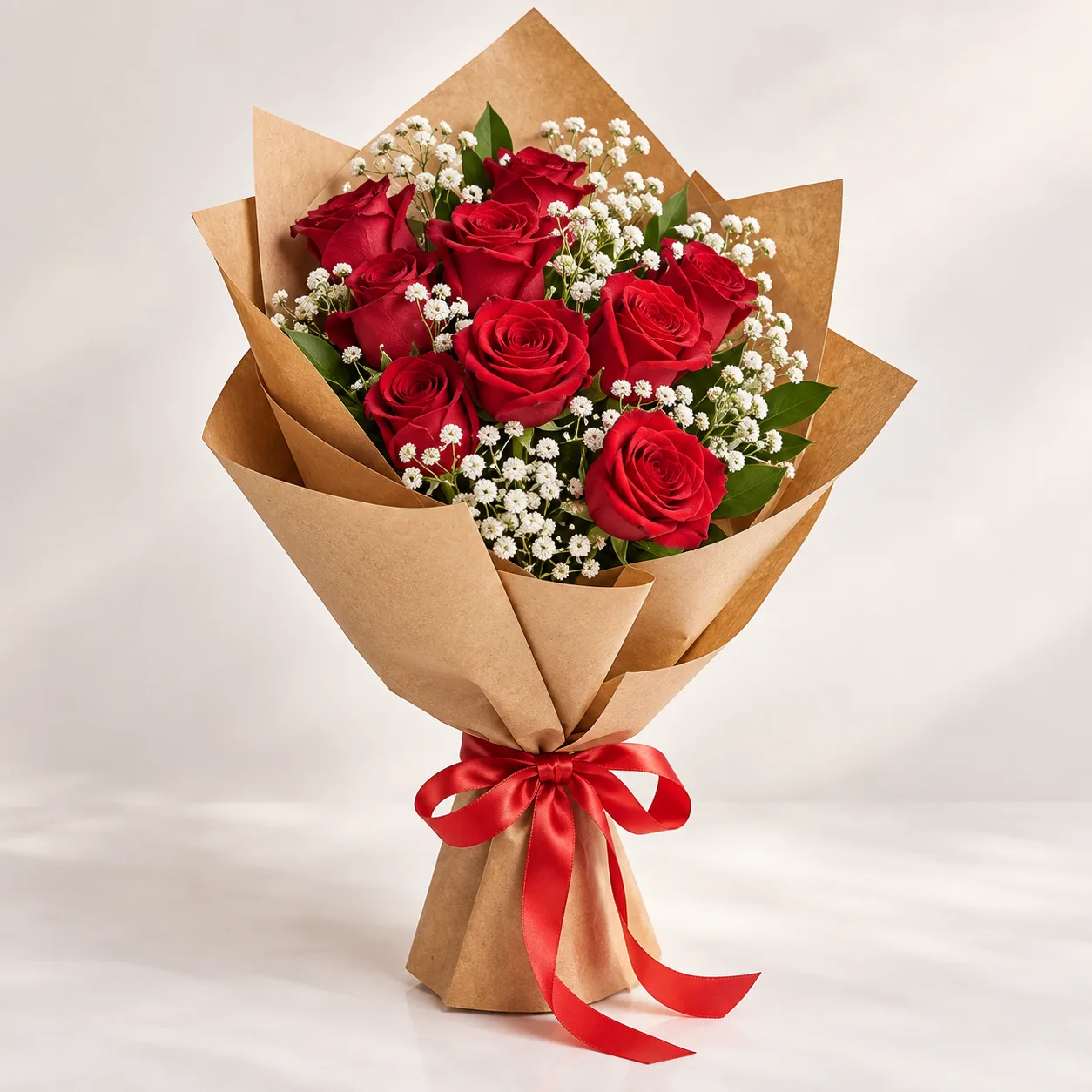 Romantic 9 Red Roses & Gypsophila Flower Bouquet
