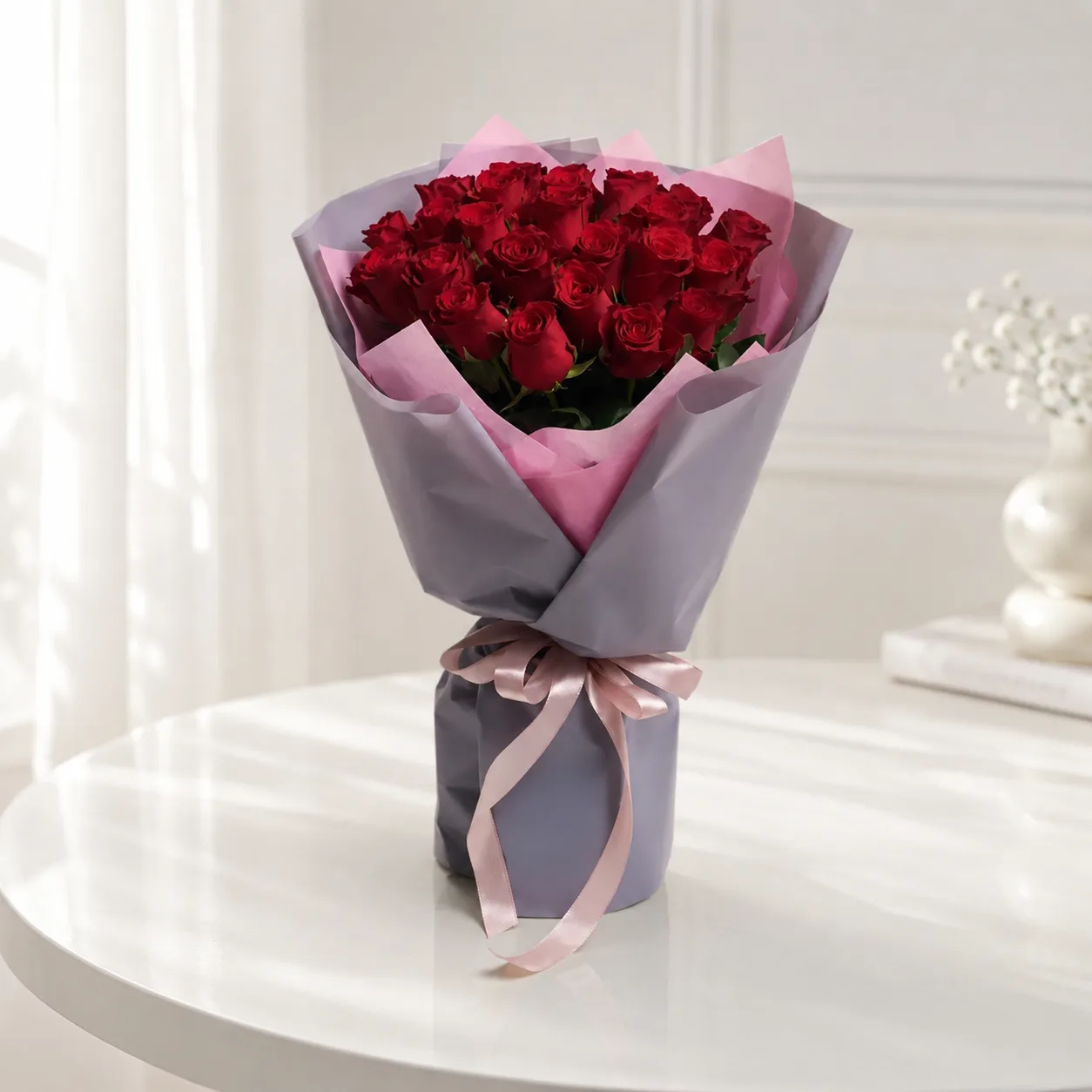 Premium bouquet of fresh red roses wrapped in grey and pink paper with a satin ribbon, luxury flower gift by Favish Blooms Dubai