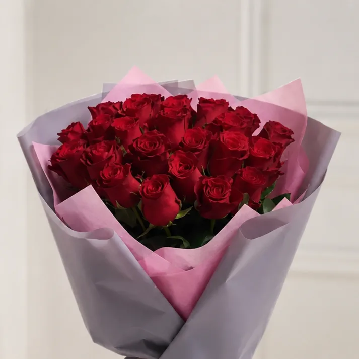 Luxury 25 Red Rose Rhodos Bouquet featuring fresh red Rhodos roses for same-day flower delivery.