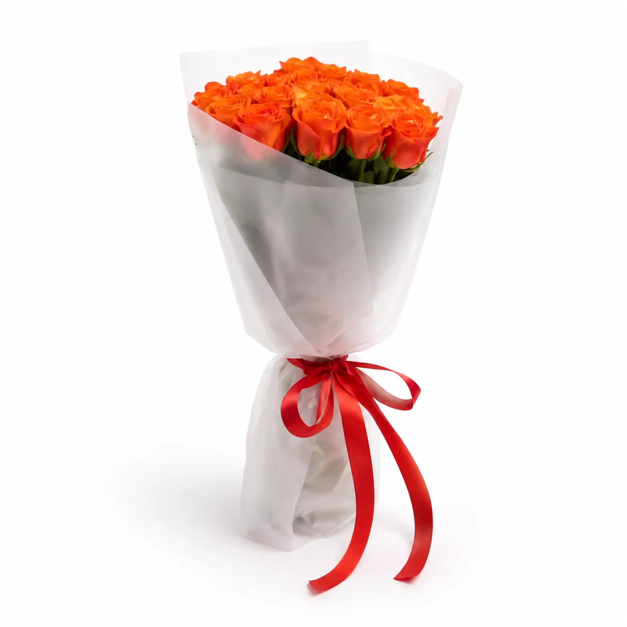 Elegant bouquet of fresh orange roses wrapped in white paper with a red ribbon, premium floral gift by Favish Blooms Dubai