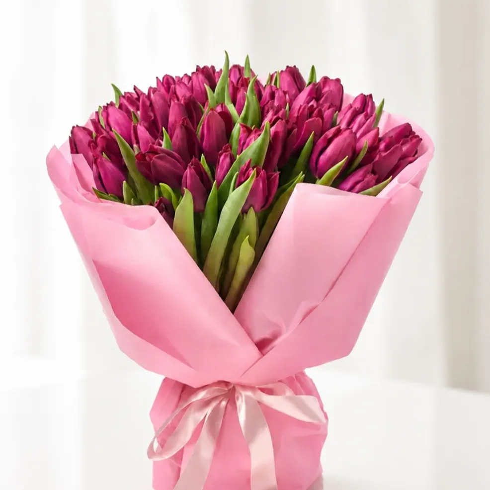 Elegant 51 Purple Tulip Bouquet for birthdays, anniversaries and special occasions