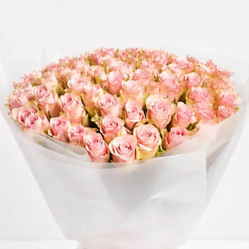 Elegant Pink Athena bouquet featuring 75 fresh roses with luxury wrapping and same-day delivery in Dubai