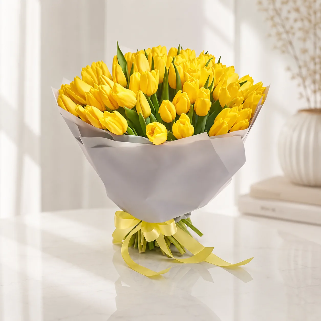 75 Yellow Tulips Bouquet with fresh bright tulips in elegant wrapping