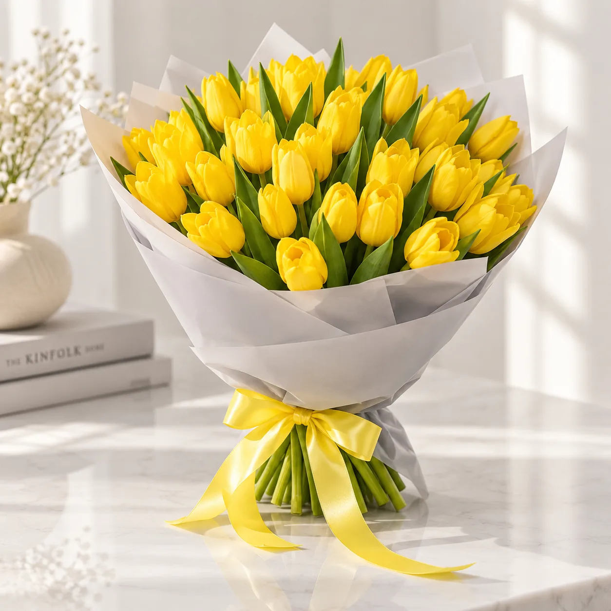Luxury 75 Yellow Tulips Bouquet Wrapped for Special Occasions