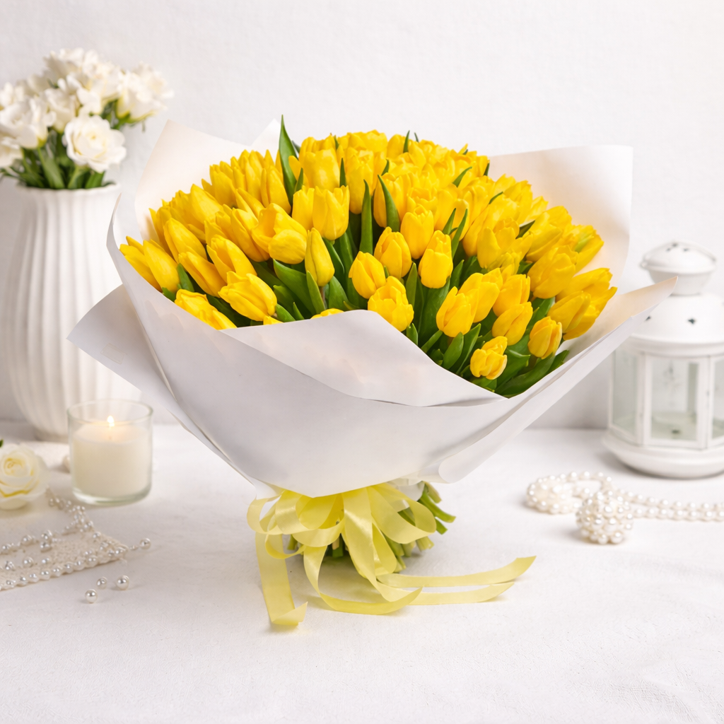 Large bouquet of yellow tulips wrapped in white paper and tied with a yellow ribbon, styled with candles and pearls on a white surface.