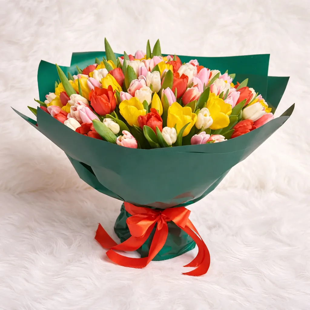 Large bouquet of mixed colorful tulips in red, yellow, pink, and white wrapped in teal paper and tied with a red ribbon on a white fur surface.