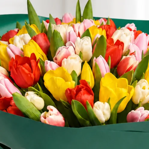 Fresh 101 mixed tulip bouquet with vibrant blooms by FaVish Blooms
