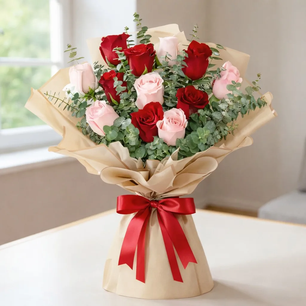 Red and pink roses with eucalyptus wrapped in kraft paper, tied with a red satin ribbon.