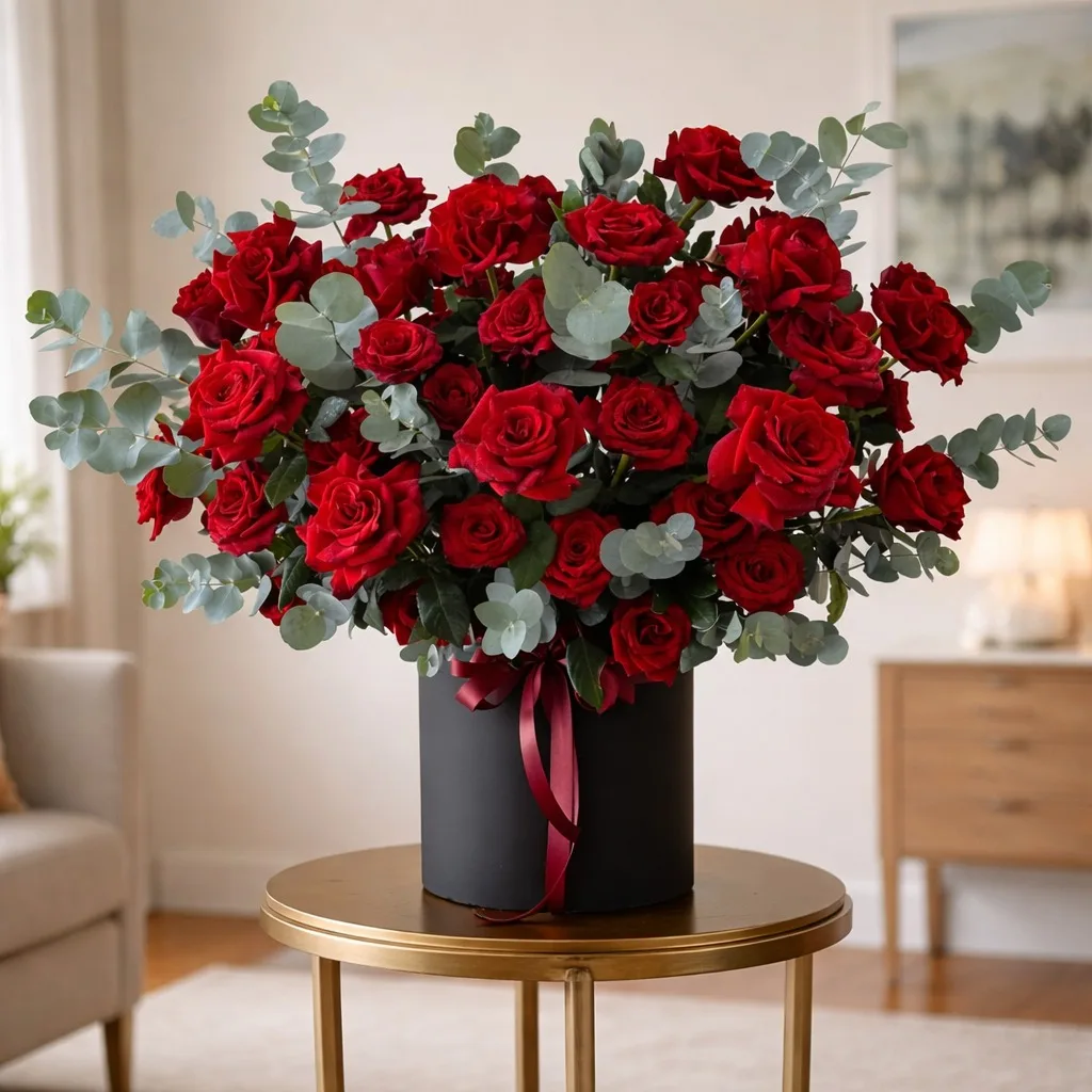 A lush arrangement of red roses and eucalyptus in a tall black cylinder box with a red ribbon, on a gold side table.