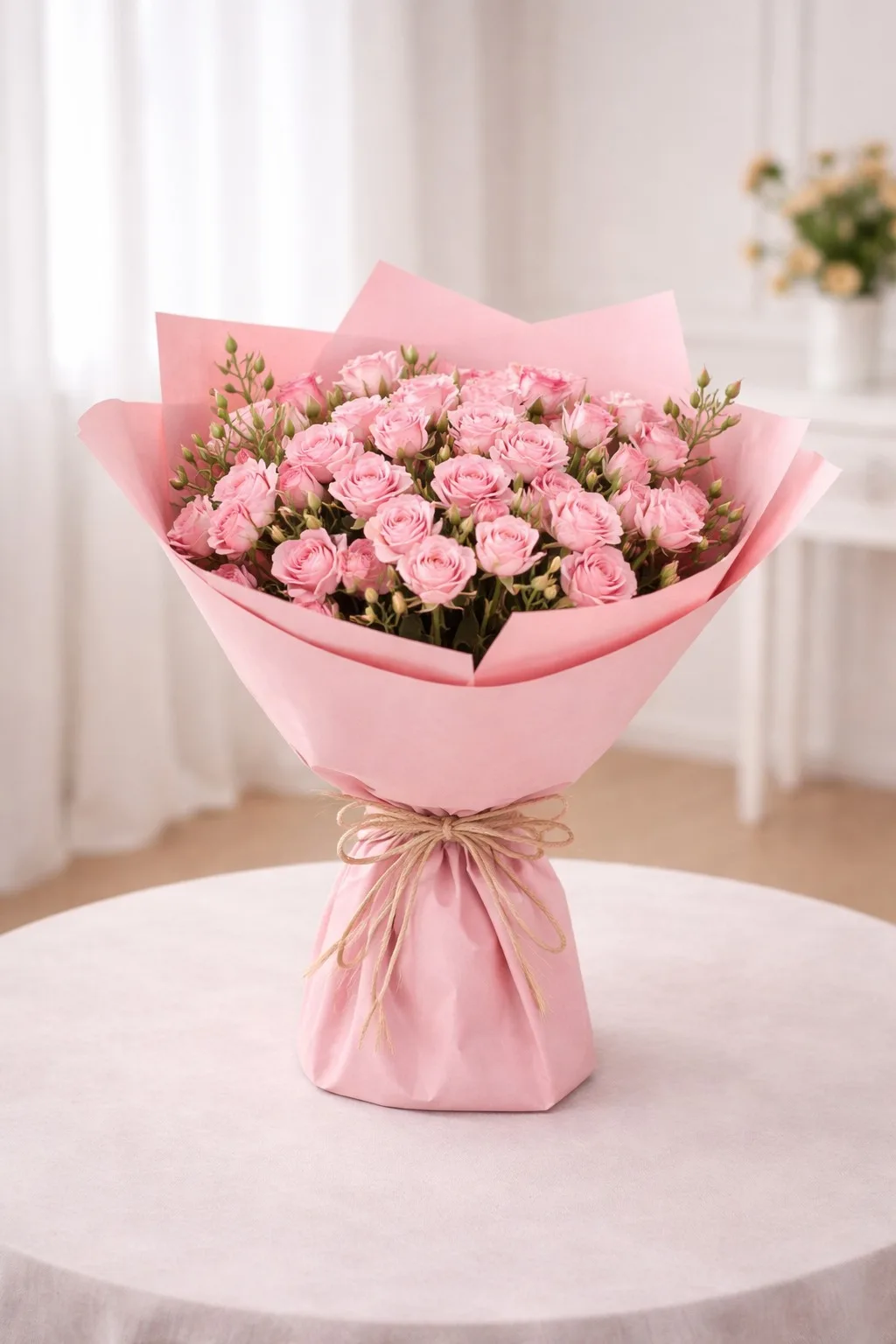 A bouquet of pink spray roses wrapped in pink paper, tied with a twine bow.