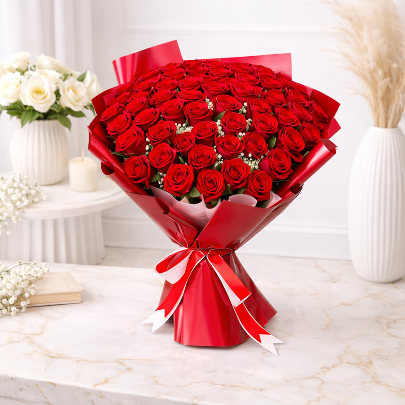 A large bouquet of red roses with baby's breath wrapped in red paper, tied with a red and white ribbon.