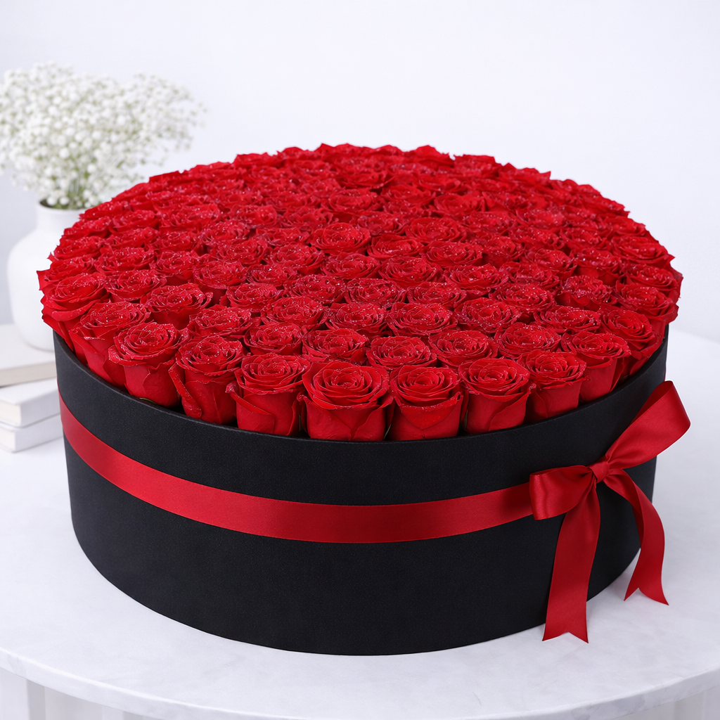 A large round black box filled with hundreds of red glitter roses, tied with a red satin ribbon.