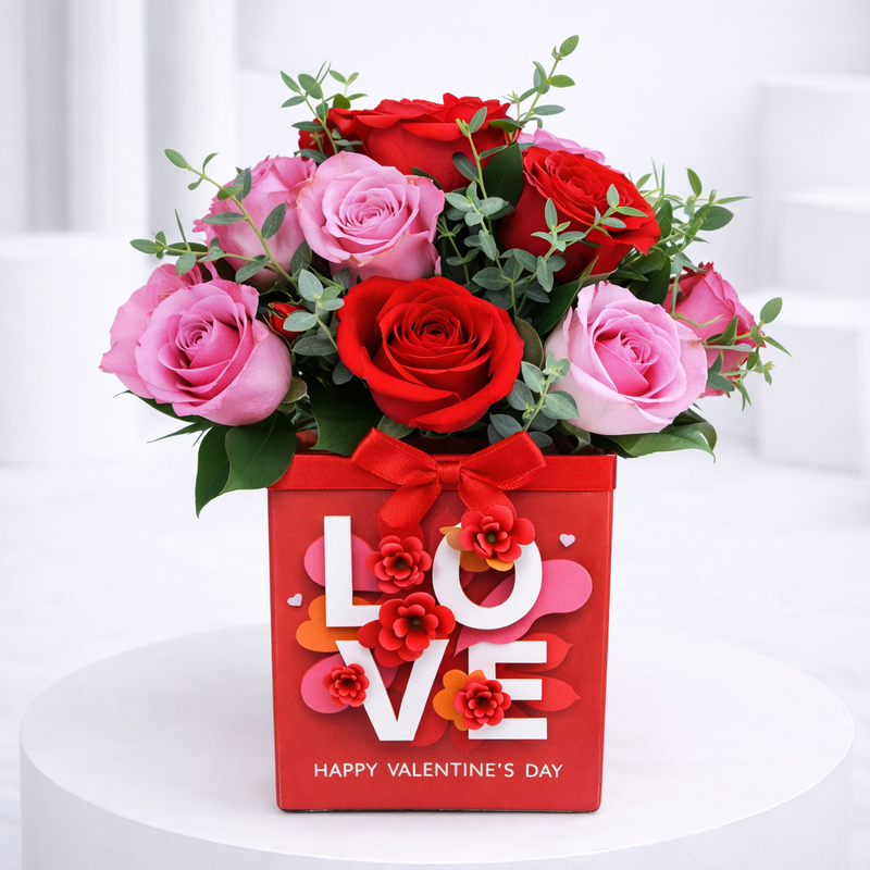 Red and pink roses with eucalyptus in a red "Happy Valentine's Day" LOVE gift box