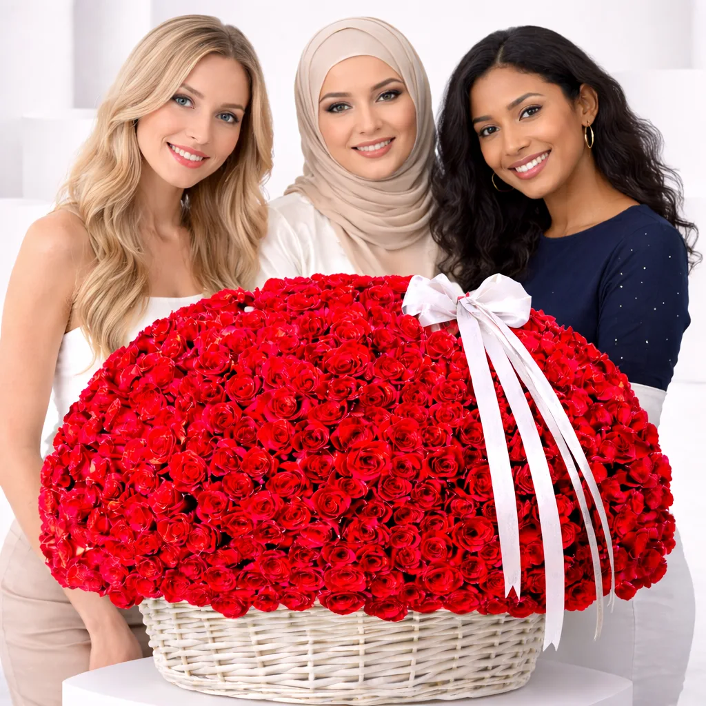 Three smiling women posing together behind a large basket of hundreds of red roses tied with a white ribbon bow.