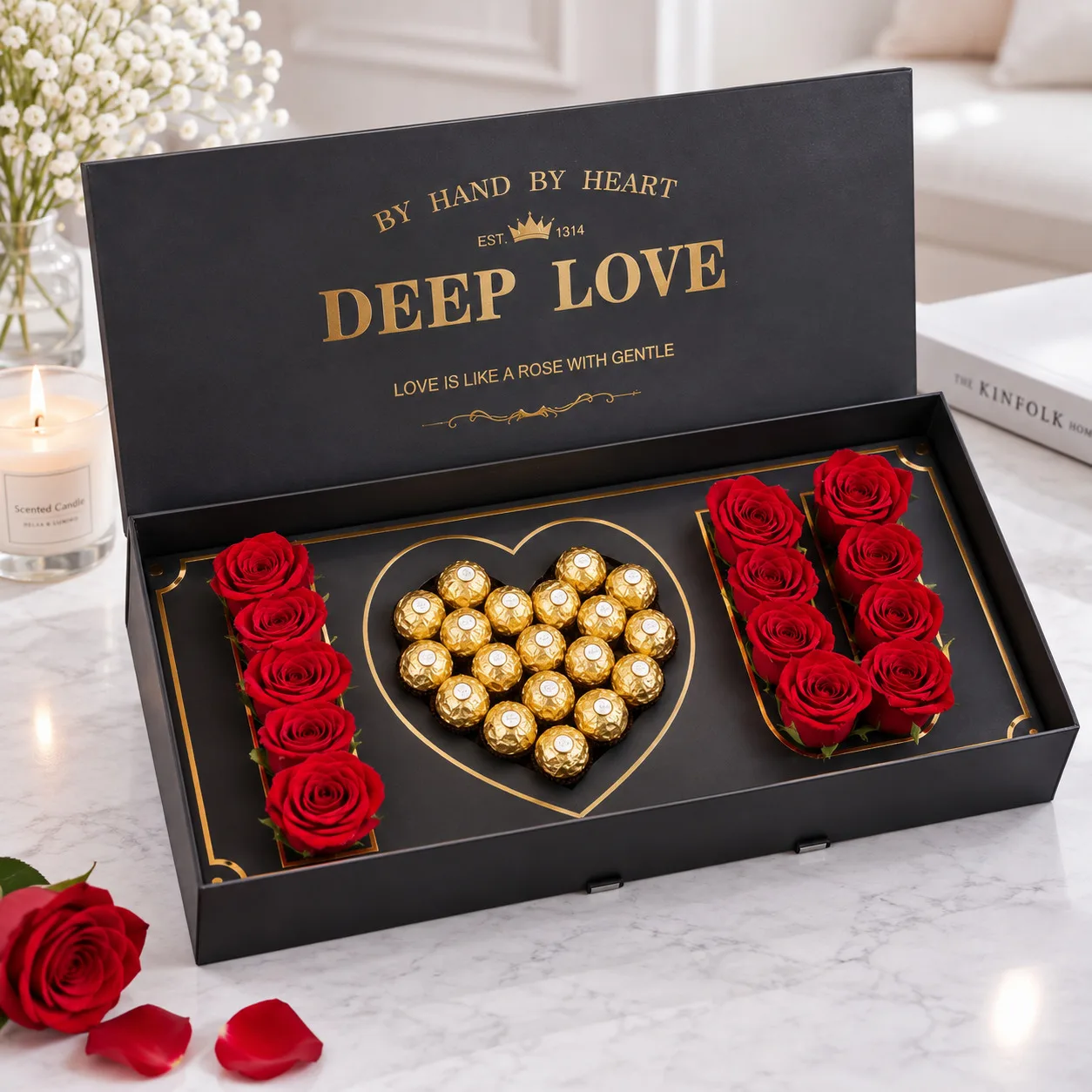 Ferrero Deep Love Red Rose Box with premium red roses and Ferrero Rocher chocolates