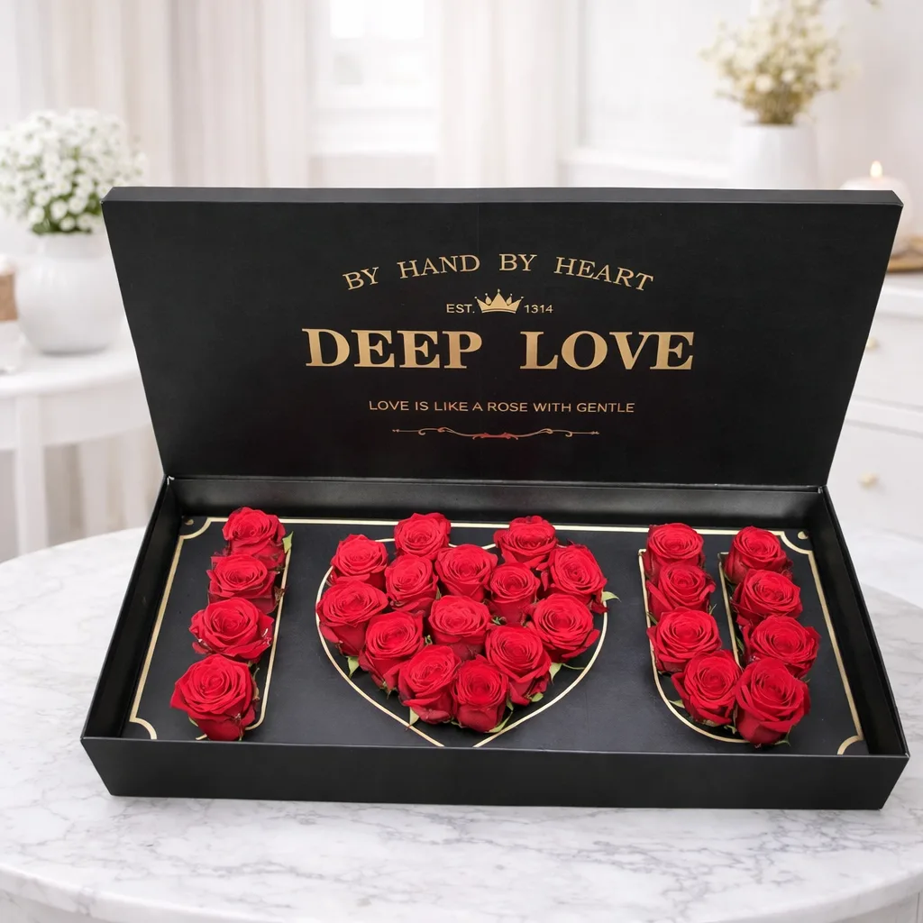 Red roses arranged in "I ♥ U" shape inside a black "Deep Love" gift box with gold lettering.