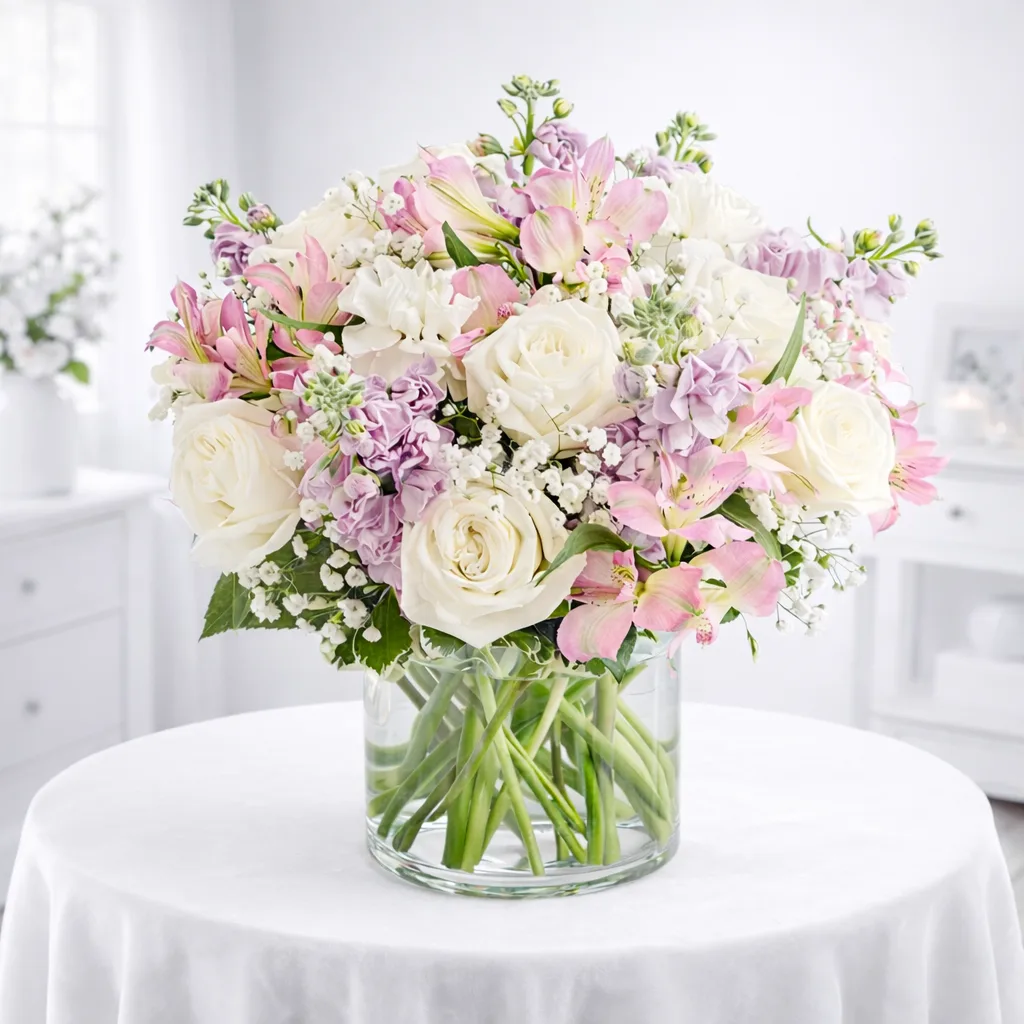 White roses, pink alstroemeria, and lavender blooms with baby's breath in a clear glass vase.