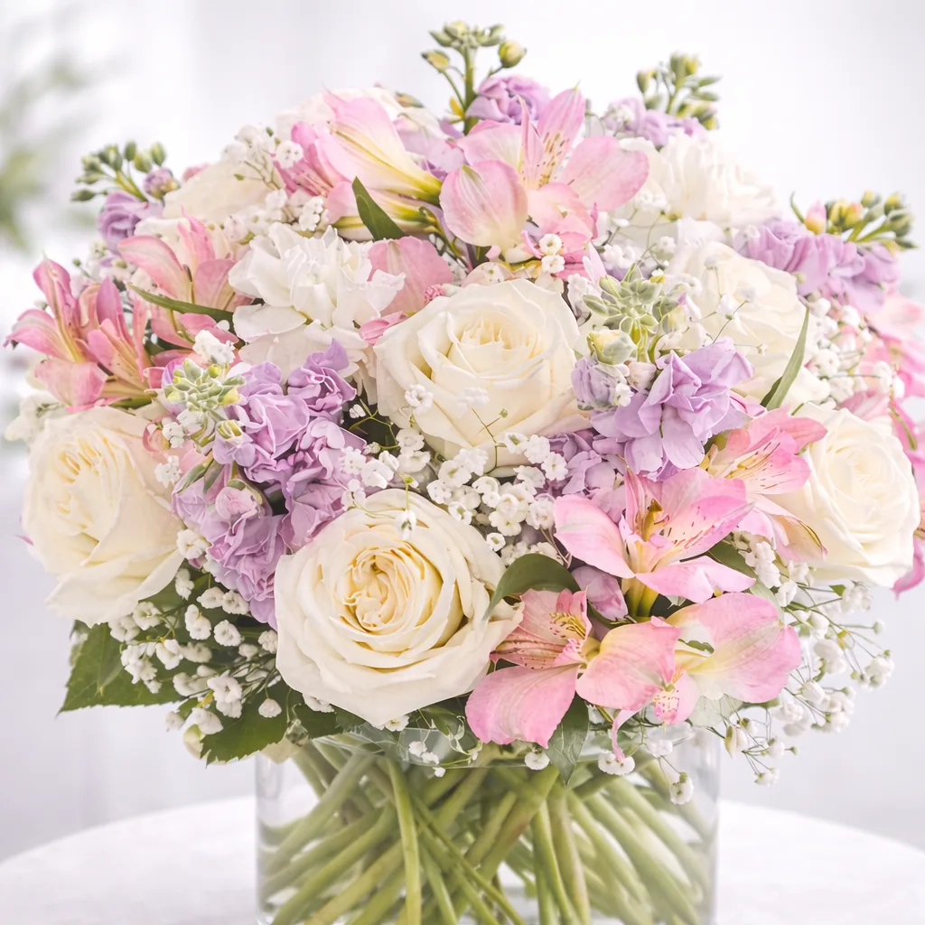 Close-up of a pastel bouquet with white roses, pink alstroemeria, lavender blooms, and baby's breath in a glass vase.