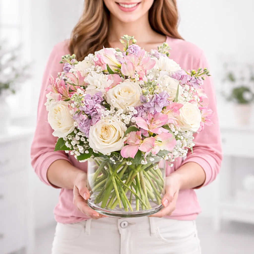 Smiling woman in a pink top holding a glass vase with a pastel bouquet of white roses, pink alstroemeria, and lavender blooms.
