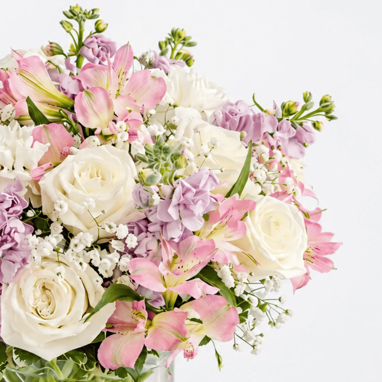 Fresh pink and white flowers beautifully arranged in a clear cylinder glass vase.