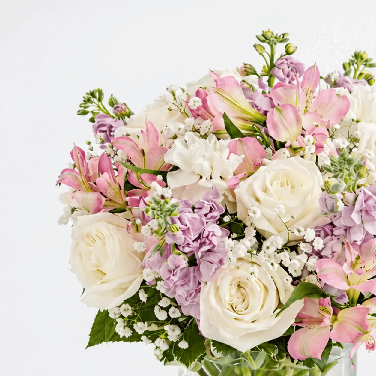 Elegant pink and white floral vase arrangement with roses, carnations and seasonal greenery.