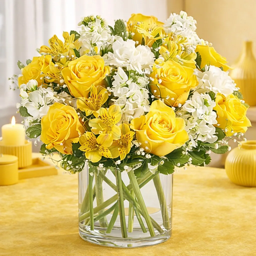 Golden Bloom Vase with fresh yellow flowers arranged in an elegant glass vase