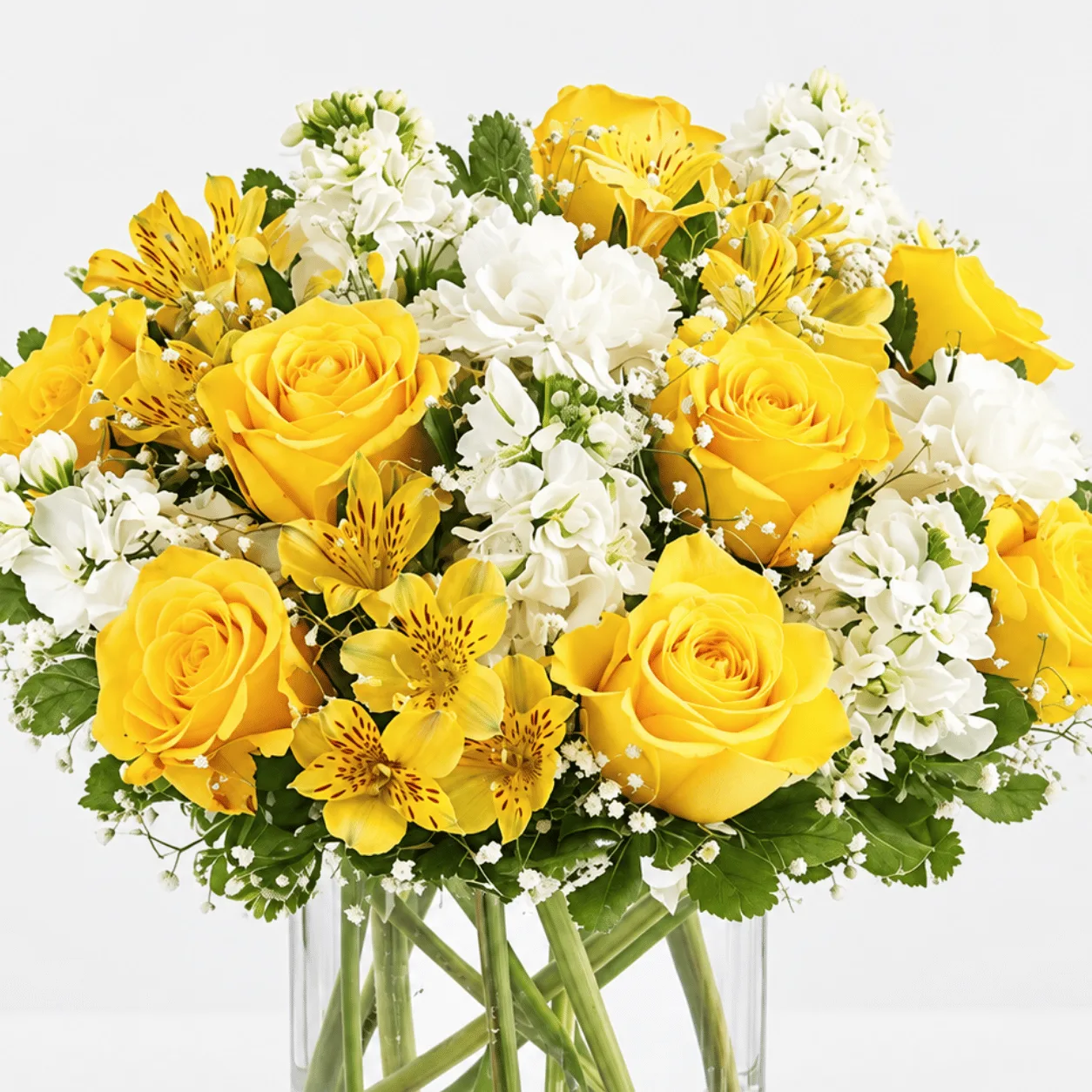 Elegant yellow and white floral vase arrangement with roses, carnations and fresh seasonal greenery.