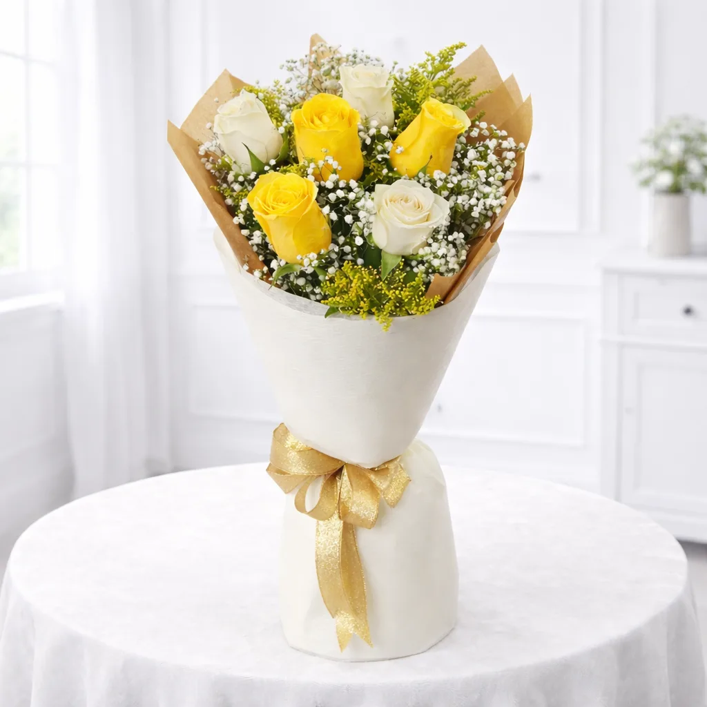 Yellow and white roses with baby's breath wrapped in kraft and white paper tied with a gold ribbon bow.