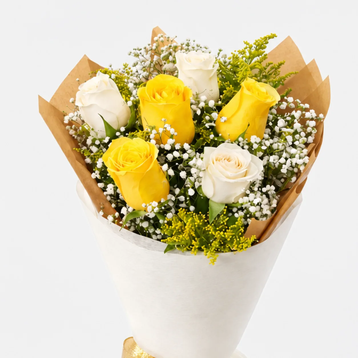 Bright yellow and white rose bouquet beautifully arranged for joyful celebrations.