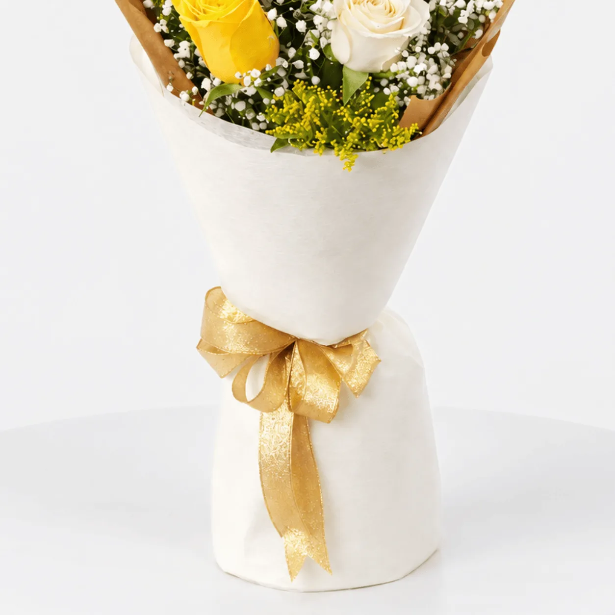 Sunshine bouquet featuring fresh yellow and white roses in elegant premium wrapping.