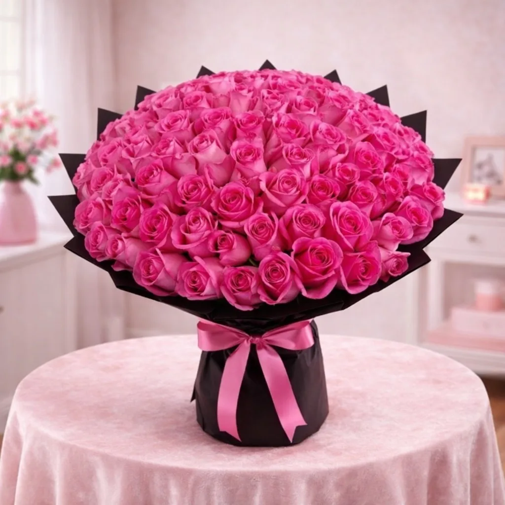 Oversized pink rose bouquet wrapped in black paper with a pink ribbon bow on a pink tablecloth.
