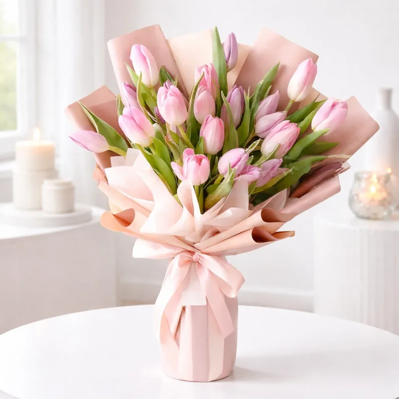 Pink tulip bouquet wrapped in soft peach paper with a pink ribbon bow.