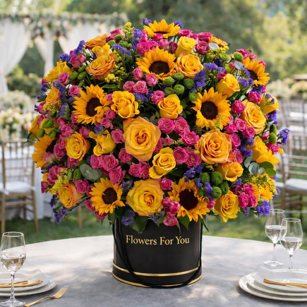Vibrant mixed bouquet of sunflowers, yellow and pink roses, and purple blooms in a black "Flowers For You" gift box on a dining table.