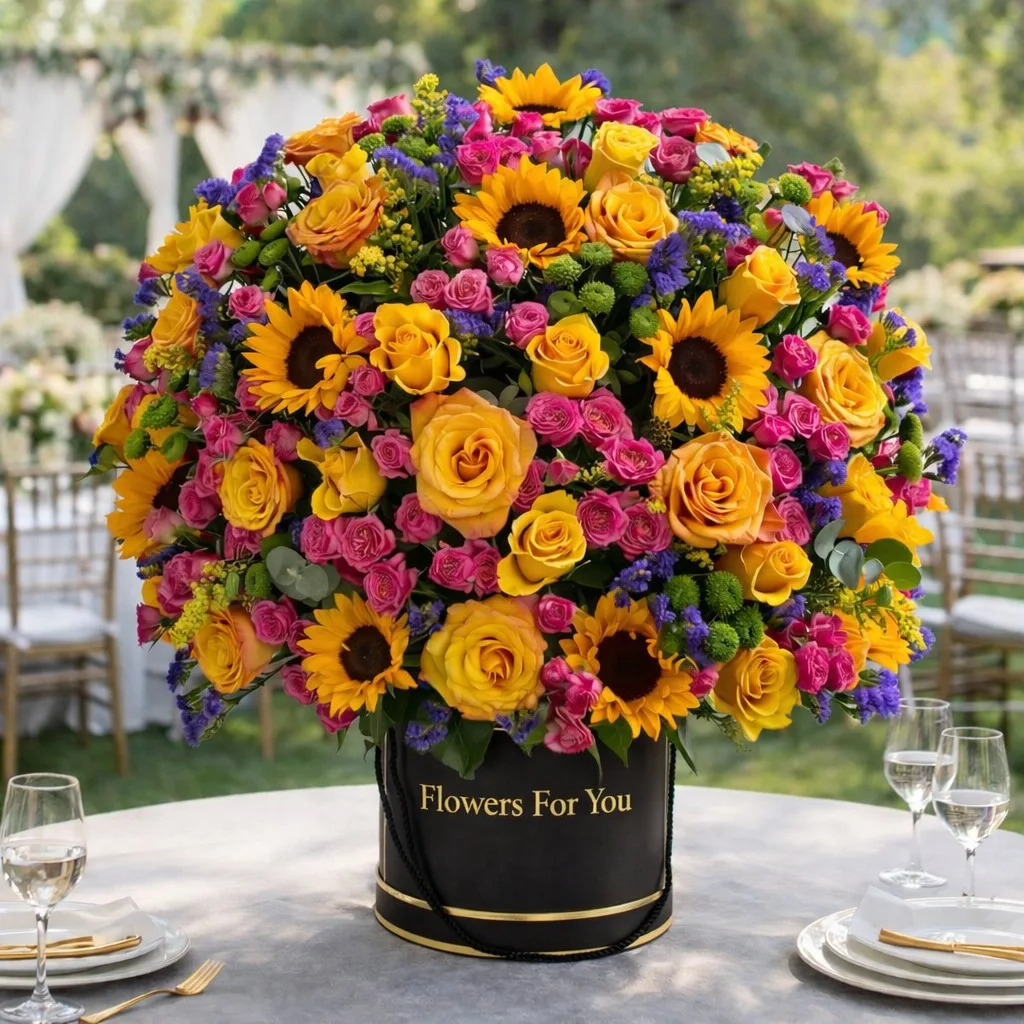 Vibrant mixed bouquet of sunflowers, yellow and pink roses, and purple blooms in a black "Flowers For You" gift box on a dining table.