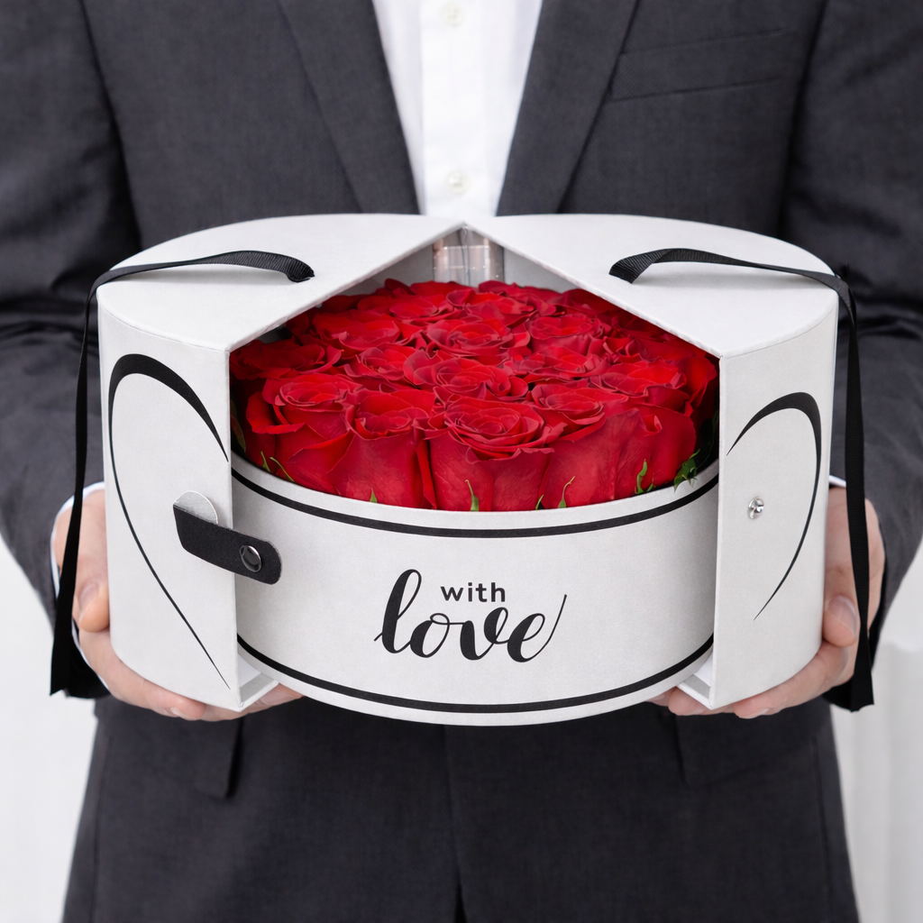 Man in a suit holding an open white "With Love" round box filled with red roses.