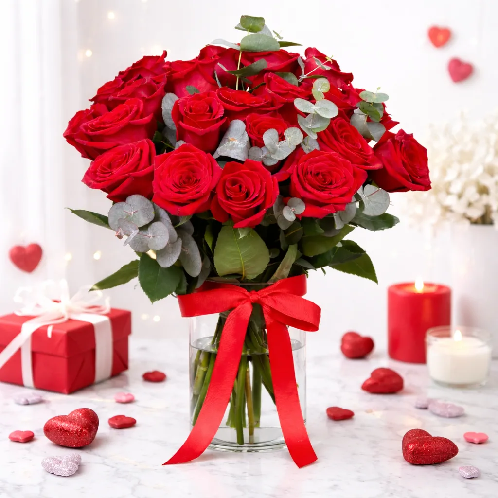 Fresh red rose bouquet in clear vase with ribbon, candles and Valentine decorations.