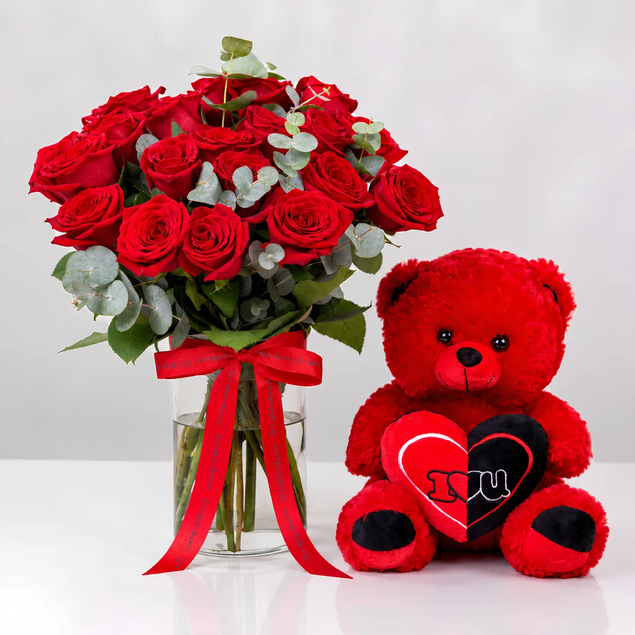 Romantic 21 Red Roses in Vase & Teddy